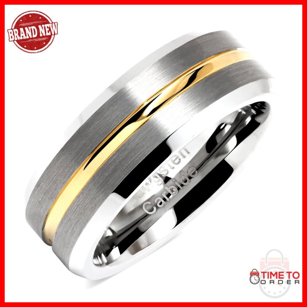 Tungsten Wedding Band Two Tone Silver Gold Grooved Matte Finish Size 8.5